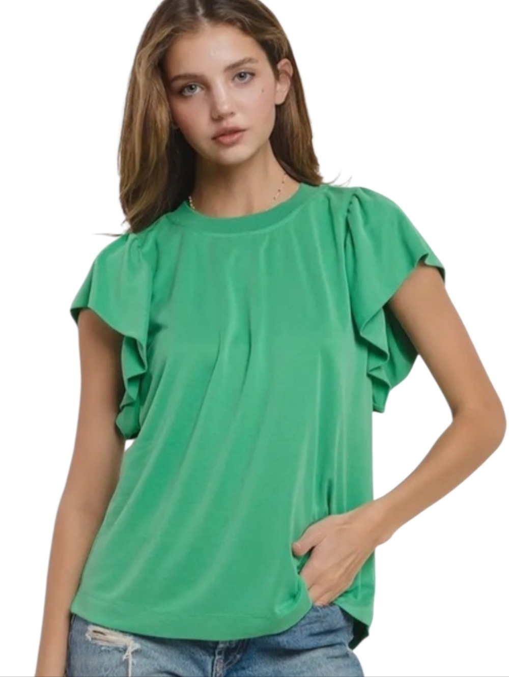 Green Short Ruffle Sleeve Top Size Small